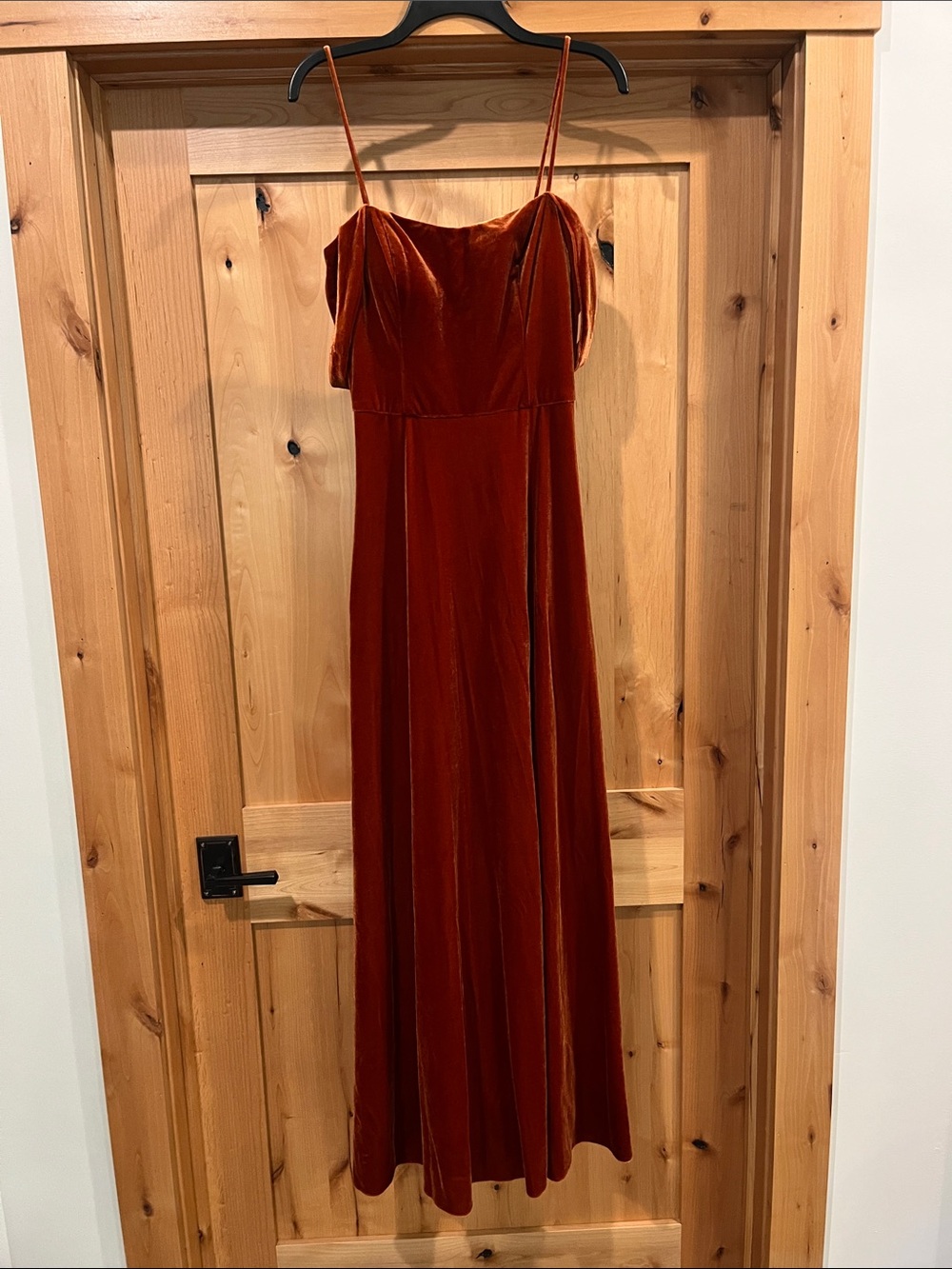 Velvet Spaghetti-Strap Drop Shoulder Maxi Dress in Rust